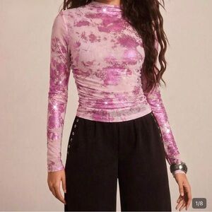 Pink Shiny Metallic Sheer Long Sleeve Top